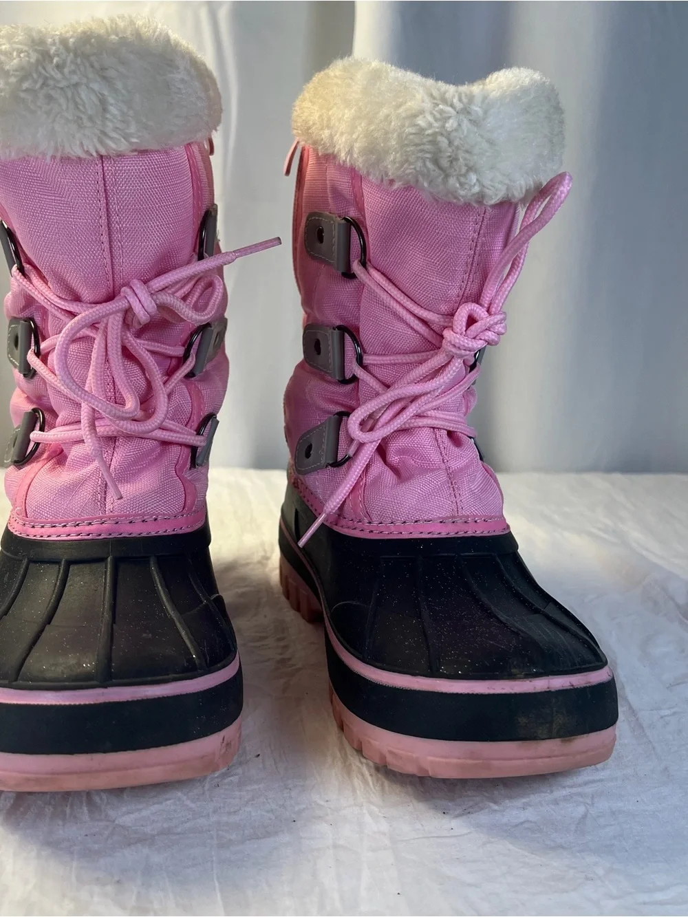 Dream Pairs Girls sz4 Pink&Black Winter Snow Boots Faux Fur Trim Glitter Zip&Tie